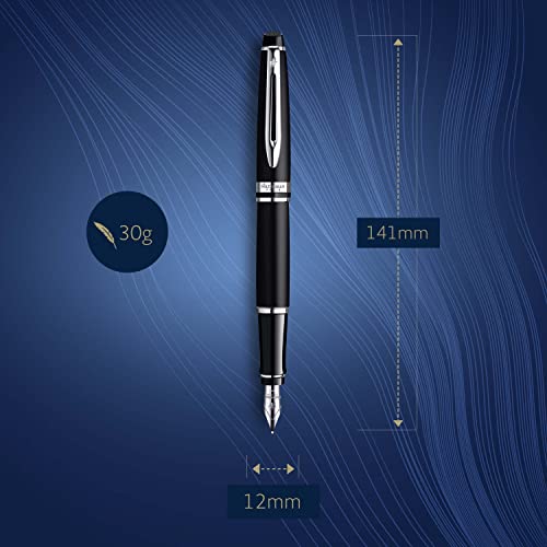 Waterman Expert Fountain Pen, Matte Black with Chrome Trim, Fine Nib with Blue Ink Cartridge, Gift Box