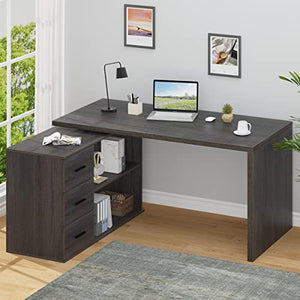 HSH L Shaped Computer Desk with Drawers, 360 Rotating, Industrial Home Office Desk - Dark Wood, 55 Inch