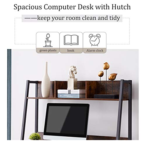 Rustic Wood Computer Desk with Hutch & Bookshelf for Home Office Dorm, Sturdy Gaming Table Study Writing Desk Workstation with Storage Drawers, Wheeled CPU Stand & Metal Frame for Small Spaces (Brown)