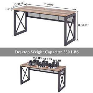 BON AUGURE Industrial Home Office Desks, Rustic Wood Computer Desk, Farmhouse Sturdy Metal Writing Desk (60 Inch, Vintage Oak)