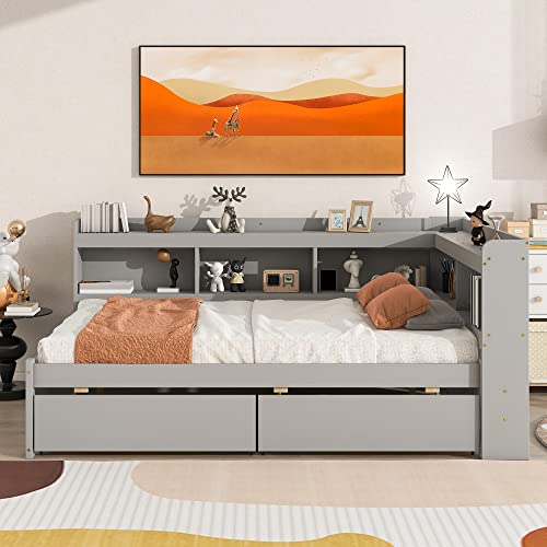 BQXDJT Full Size Wood Floor Bed with L-Shaped Bookcases and Storage Drawers - Grey