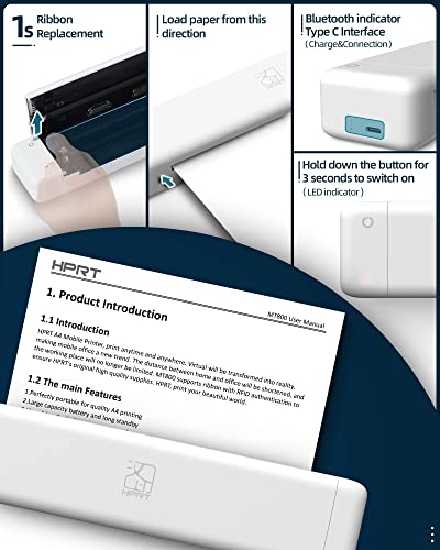 HPRT MT800QC Portable Wireless Bluetooth Monochrome Printer, Supports 8.5" X 11" US Letter Paper,Compatible with Android and IOS phone,No-ink technology,Suitable for Mobile Office.(Upgrade MT800Q 2.0)