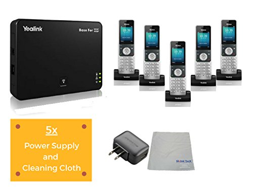 Global Teck Bundle of Yealink W60P IP Cordless Phone Office Bundle | DECT Handsets (5), Base Unit, Power Supply and Microfiber Cloth | Requires VoIP Service (Yealink W56P Base and 5 handsets)