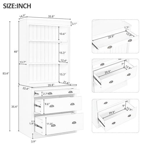 Linique Modern Tall Bookcase with LED Lights, 6 Drawers & Open Shelves, White