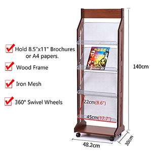 JacCos Wooden Magazine Rack Floor Display Stand with 4 Iron Mesh Pockets and Wheels