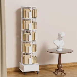 MMV Rotating Book Shelf with Drawer, 5-Tier Mobile Bookshelf, 79" Tall, White