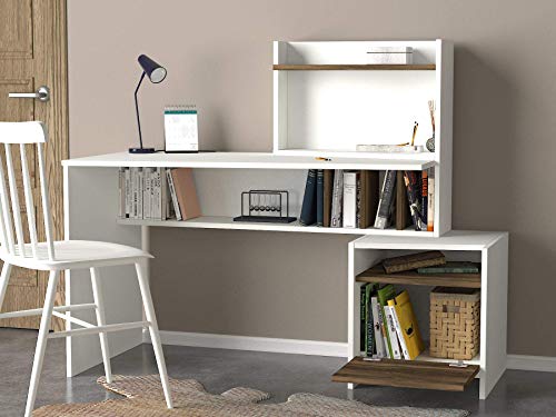 MAKENZA Vertigo Office Desk Modern Living Room Furniture with Adjustable Shelves & One Hidden Cabinet, Writing Workstation Table Compatible for Home, Office Study (White-Walnut)