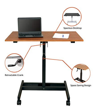 Stand Up Desk Store Crank Adjustable Height Single Column Rolling Mobile Standing Desk (Black Frame/Teak Top, 40" Wide)