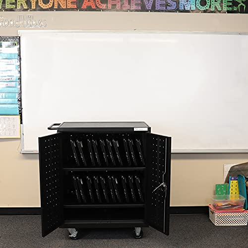 Pearington 20 Device Mobile Charging and Storage Cart for iPads, Chromebooks and Laptop Computers, Up To 17-Inch Screen Size, Surge Protection, Front & Back Access Locking Cabinet, Black