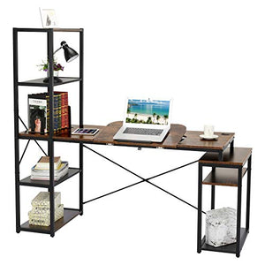 Computer Desk with 5-Tier Shelves, 3 in 1 Bookshelf, Computer Desk, and Main Frame, 47.2" Drafting Drawing Table with 60° Tiltable Tabletop, PC Laptop Table Study Workstation for Home Office (Brown)