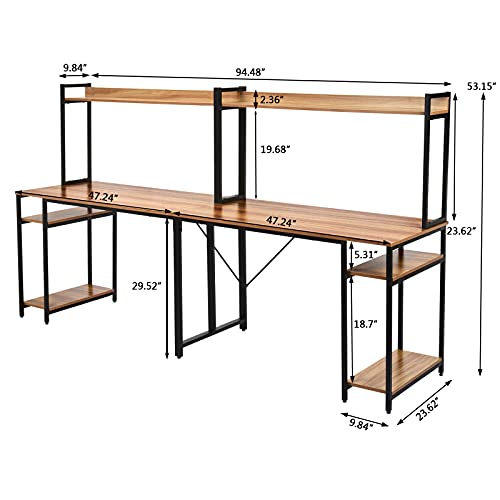 Double Workstation Desk, 94.5 inches Computer Desk with Hutch, Extra Long Two Person Desk with Storage Shelves, 2 in 1 Study Table & Bookshelves Combo PC Laptop Workstation for Home Office (Brown)