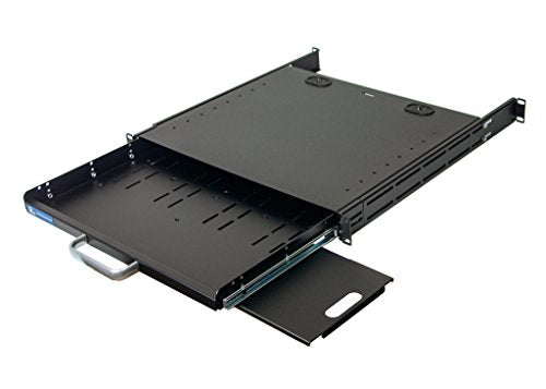RSF1111BK21F4K3 1U Compact Rack Mount Keyboard Drawer with Retractable Mouse pad for Either Right or Left Hand Operator Supports 4 Post Rack from 18.85 inch up to 31 inch Depth Rack Cabinet