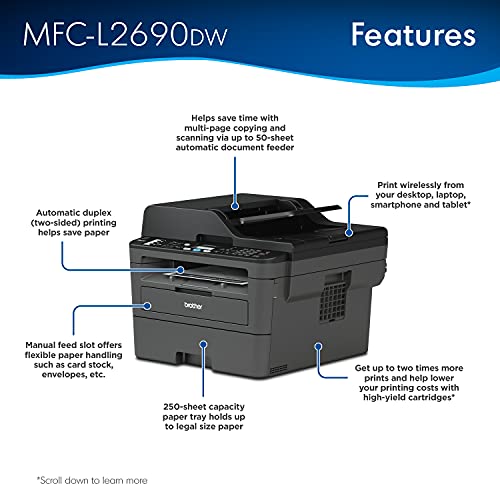 Brother Premium L-2690DW Compact Monochrome All-in-One Laser Printer - Wireless, Mobile Printing, Auto 2-Sided Printing, ADF, 26 ppm
