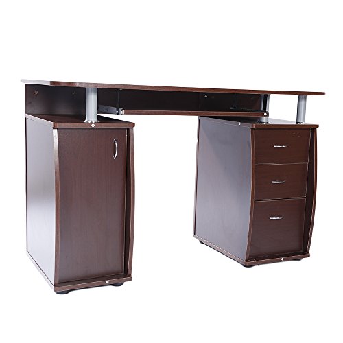 45" Home Office Computer Desk - Wood Computer Workstation with 1 Door, 3 Drawers and Keyboard Tray PC Laptop Desk Professional Study Table (Coffee)