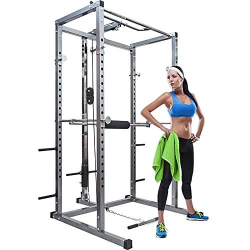 V-ambm Multi-Function Strength Training Power Cages Home Gym Equipment Exercise Stand Olympic Squat Cage with LAT Pull-Down and Low Row for Weight Training