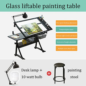 None Drafting Table for Artists, Height Adjustable with Stool, Tempered Glass Top, 2 Drawers, Up to 50° Tiltable