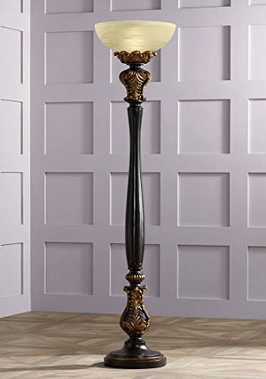 Barnes and Ivy Victorian Torchiere Floor Lamp 75" - Carved Wood Amber Glass Shade