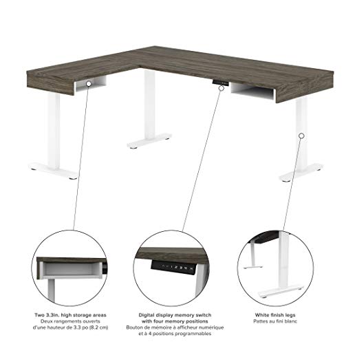 Bestar Pro-Vega L-Shaped Standing Desk with Dual Monitor Arm and Credenza, 81W, Walnut Grey & White
