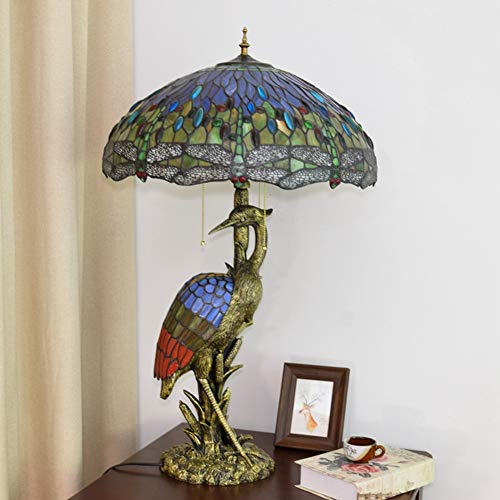 MANHONG Tiffany Style Dragonfly Table Lamp 18" Dark Red Blue - Retro Decorative Antique Light for Living Room