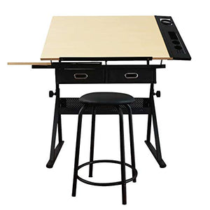 Drafting Desk Drawing Table Art Craft Work Station with Stool, Adjustable Height & Top Tilting Study Table Laptop Desk for Drawing, Reading, Writing