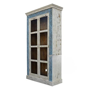 Generic Hand Carved Solid Wood Open Bookcase White/Blue Finish - Boho Indian Cabinet