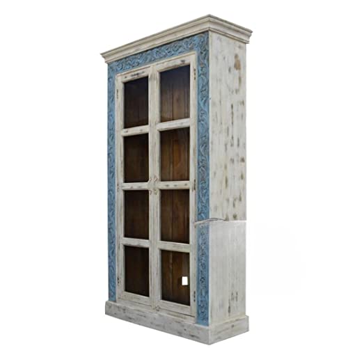 Generic Hand Carved Solid Wood Open Bookcase White/Blue Finish - Boho Indian Cabinet