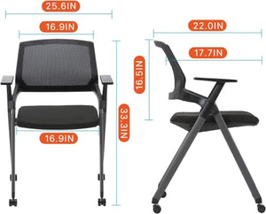 CLATINA Stackable Folding Guest Reception Arm Chair with Wheels, Ergonomic Mesh Back, Thickened Fabric Seat - Black-4 Pack