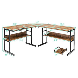 Tangkula 67 inches L-Shaped Desk, Corner Computer Desk with Bottom Bookshelves & CPU Stand, Drafting Drawing Table with Tiltable Desktop, Corner Computer Workstation Home Office Desk (Rustic Brown)