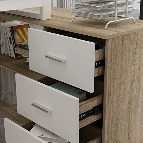 Homsee L-Shaped Home Office Computer Desk with Storage Cabinet - Walnut and White