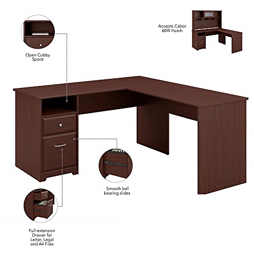 Bush Furniture Cabot 60W L Shaped Computer Desk with Hutch and Drawers in Harvest Cherry