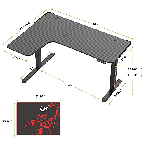 DESIGNA L Shaped Electric Standing Desk, 61inches Height Adjustable Corner Home Office Desk, Modern Workstation with Free Large Mouse Pad, Black
