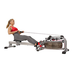 Sunny Health & Fitness Water Rowing Machine Rower w/ LCD Monitor, 265 Max Weight, Adjustable Footpads and Foldable 48" Aluminum Slide Rail - SF-RW5866, Gray