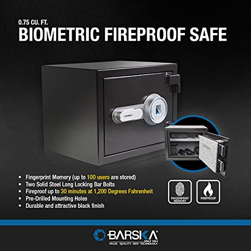 BARSKA AX13498 Biometric Fireproof Safe 0.75 Cu Ft Black Texture with Long Locking Bolts, Small