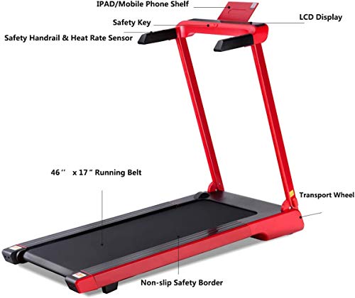 Goplus 2.25 HP Folding Treadmill Electric Cardio Fitness Jogging Running Machine Portable Motorized Power Slim Treadmill with Sports App and LED Display (Red)
