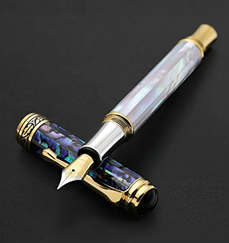 Xezo Maestro Fountain Pen, Medium Nib. Iridescent Oceanic Origin White Mother of Pearl and Paua Sea Shell. 18 Karat Gold and Pure Platinum Plating. No Two Alike