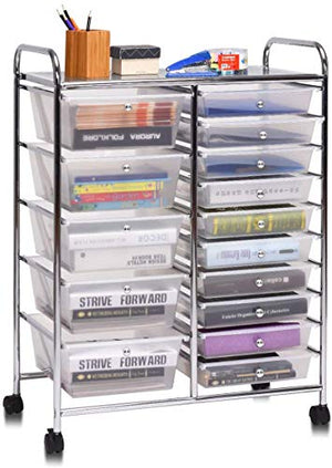 SPSUPE 15-Drawer Multipurpose Rolling Storage Cart with 4 Universal Wheels, Clear