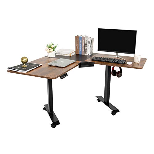 ELECWISH L Shaped Desk Electric Height Adjustable Corner Computer Desk Space-Saving Long Table with Pen Case and EO Material Plate for Home Office Large Gaming Writing Workstation（Black+Rustic Brown