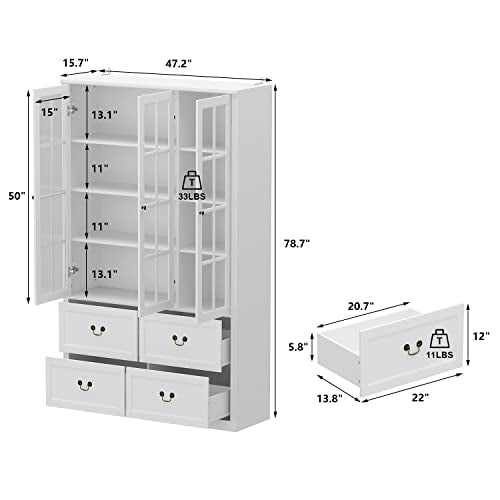 AIEGLE Tall Bookcase with Glass Doors and Drawers, 47.2" Wide 4-Tier Bookshelf - White