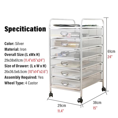 SaiFfe Rolling File Cabinet with Drawers, Rolling Storage Cart - Silver, 6 Drawers
