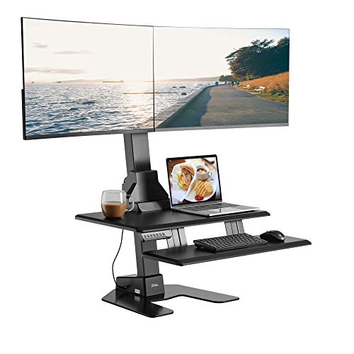 AVLT Dual 32" Monitor Electric Standing Desk with Huge Keyboard Tray Extra Large 28"x 16" Spacious Tabletop Motorized Automatic Height Adjustable Sit to Stand Table Sturdy Small Footprint