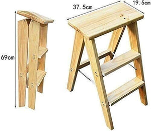 LUCEAE 3-Step Sturdy Folding Wooden Step Ladder, Non-Slip Wide Tread, Portable for Home/Kitchen/Loft/Camping