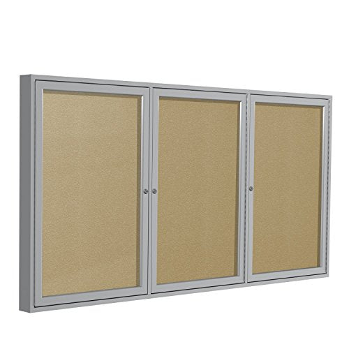 Ghent 4" x 8" 3-Door Outdoor Enclosed Vinyl Bulletin Board, Shatter Resistant, with Lock, Satin Aluminum Frame - Caramel (PA348VX-181), Made in the USA