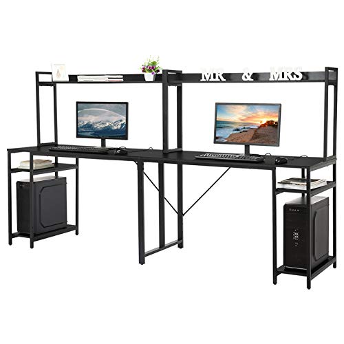 Computer Desk with Hutch Storage Shelves,pollyhb 94.5 in Extra Long Two Person Desk with Storage Shelves, Double Workstation Desk for Home Office, Black