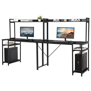 2 Person Desk, Double Computer Storage Shelves, Extra Long 2 People Pc Workstation Home Office Computer Desk with Monitor Hutch, Writing Study Gaming Table, Easy Assembly (Black)