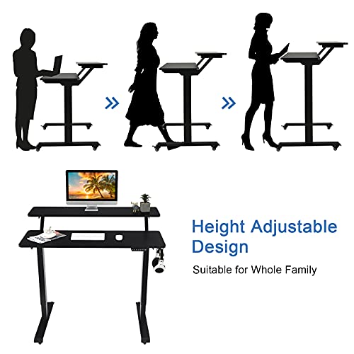 Tangkula Electric 2-Tier Standing Desk, Mobile Height Adjustable Sit Stand Desk Workstation with 4 Lockable Wheels & Replaceable Foot Pads, Hanging Hook, Cable Management Tray, Memory Setting (Black)