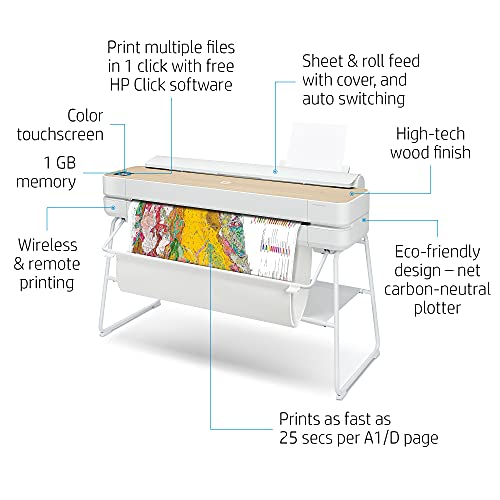 HP DesignJet Studio Wood Large Format Wireless Plotter Printer - 36", with Roll Cover, Auto Sheet Feeder, Media Bin & Stand (5HB14A)