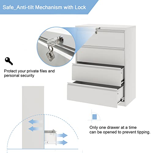 SUXXAN Metal Lateral Filing Cabinet with 4 Drawers, Locking, Anti-tilt Structure (White, 52" H)