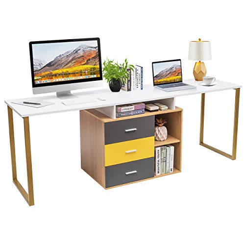 Tangkula 87 inch 2-Person Desk Double Computer Desk, Multifunction L-Shaped Desk w/ 3 Storage Drawers & 2-Tier Shelves, Writing Desk Computer Workstation with Spacious Desktop, Home Office Desk