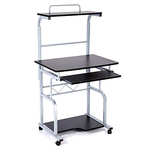 Portable Wooden Computer Desk Rolling Mobile Stand Workstation Laptop Table for Home Office Black