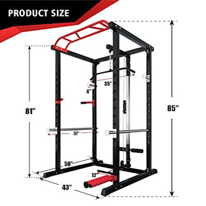 ER KANG Olympic Power Cage, 1000 lbs Light Commercial Weight Cage with LAT Pull-Down Pulley System, 360 Degree Landmine, Dip Bars and Other Attachments